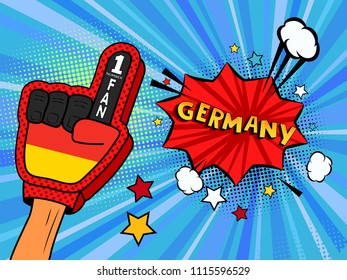 Male hand in the country flag glove of a sports fan raised up celebrating win and Germany speech bubble with stars and clouds. Colorful illustration in retro comic style  on blue cartoon background