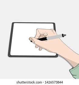 The male hand is drawing on the computer pen mouse.Doodle art concept,illustration painting