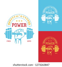 Male hand with dumbbell. Template for bodybuilding and sport fitness logo, label, emblem, badge or branding design in retro, vintage style. Vector illustration.