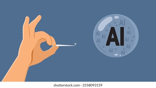 Male hand exploding bubble with AI text vector illustration. Metaphor of lowering expectations on new technology