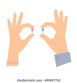 Male hand and female hand are holding color pills. Medicine and healthcare flat concept illustration. Human hands hold a cure in capsule. Vector elements for medical infographic for web, presentation.