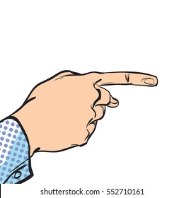 A male hand with forefinger. A man pointing a finger. A man explaining something. Businessman giving advice. Concept idea of advertisement and promo. Halftone background.