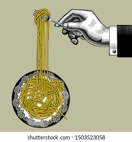 Male hand with a fork takes long spaghetti from a round plate. Vintage stylized drawing. Vector illustration