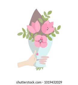 A Male hand gives spring bouquet of flowers. Valentines day, Wedding bouquet flowers, birthday bouquet flowers. Vector illustration in flat design