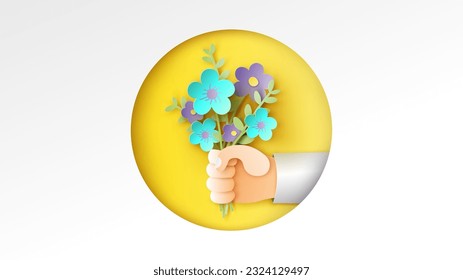 A Male hand gives spring bouquet of flowers. Valentine's day. Paper art of Male hand giving bouquet. paper cut and craft style. vector, illustration.