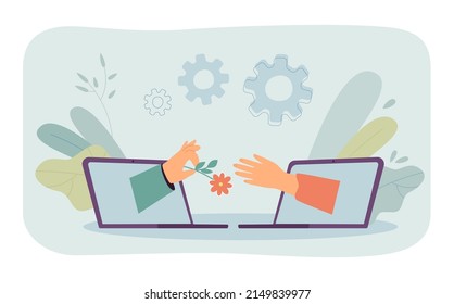 Male hand giving flower to female hand through laptop screen. Couple chatting on internet using social network flat vector illustration. Love concept for banner, website design or landing web page