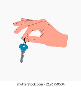 Male hand giving house keys. Keyholder. Home rental, buying property, real estate. Sharing apartment service. Home purchase deal sale, mortgage loan. Hand drawn flat cartoon Vector illustration. 