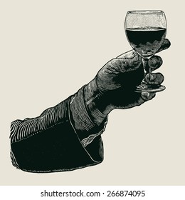 Male hand with a glass of wine. Male hand holding a shot of alcohol drink. hand drawn design element. engraving style. vector illustration