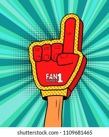 Male hand in the glove of a sports fan raised up celebrating win with stars and clouds. Vector colorful illustration in retro comic style. Sport game invitation poster. colored background