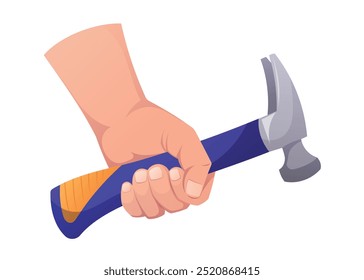 Male hand with hammer. Builder or carpenter man with working tool. Vector isolated on white cartoon illustration.