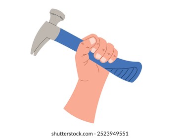Mão masculina com martelo. Construtor ou carpinteiro homem com ferramenta de trabalho. Vetor isolado na ilustração de desenho animado plano branco.