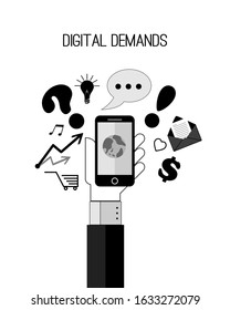 Male hand hold mobile phone. Digital demands - information, messages,  Vector illustration. 
