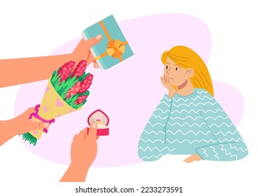 Male hand hold present bouquet flower, jewelry ring and gift for woman character flat vector illustration, isolated on white.