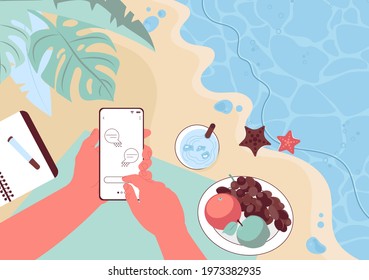Male hand hold smartphone with message on screen. Touch screen gadget in guy arm, who rests on the beach by the sea. Vector Illustration