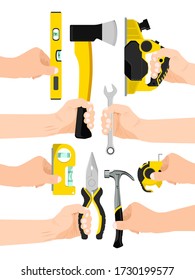 Male hand hold working tool isolated on white, flat vector illustration. Man arm carry instrument, pliers axe level ruler spanner and jigsaw. labour person activity, repair house own hand.