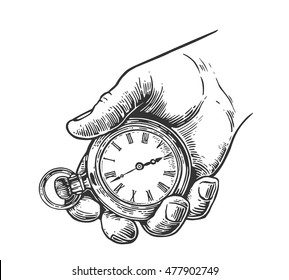 Male hand holding antique pocket watch  Vector vintage engraving illustration  Isolated white background 