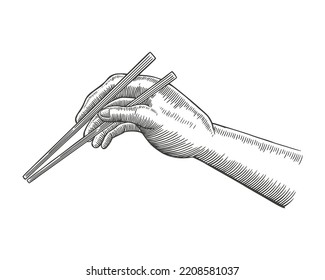 a male hand holding an antique traditional Japanese chopsticks. Vintage vector Engraving style Illustration