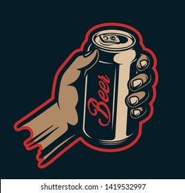 Male hand holding beer can in vintage style on dark background isolated vector illustration