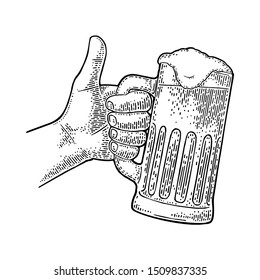 Male hand holding beer glass and showing symbol Like. Making thumb up gesture. Vector black vintage engraving isolated on white background. Hand drawn design sign for web, poster, invitation to party