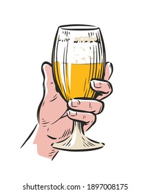 Mano masculina sosteniendo un vaso de cerveza. Ilustración vectorial de secado