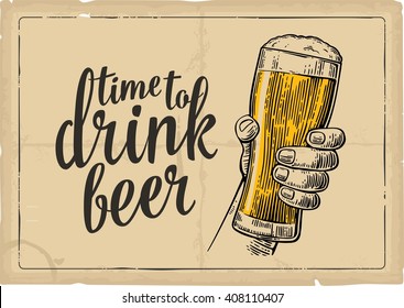 Male hand holding a beer glass. Vintage vector engraving illustration for web, poster, invitation to party - time to drink. Isolated on baige old paper texture  background.