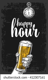 Male hand holding a beer glass. Vintage vector engraving illustration for label, poster, menu. Isolated on dark background. Happy hour.