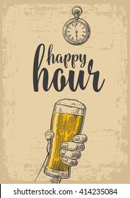 Male hand holding a beer glass. Vintage vector engraving illustration for label, poster, menu. Isolated on beige background. Happy hour.