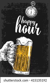 Male hand holding a beer glass. Vintage vector engraving illustration Isolated on dark background. Happy hour. Drawn sketch for bar poster,  invitation to party, web banner, label, menu