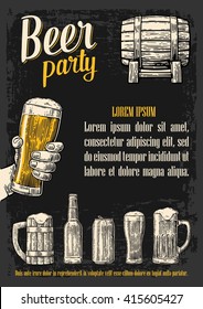 Male hand holding beer glass mug, barrel, can, bottle. Vintage vector engraving illustration Isolated on dark background. For poster,  invitation to party oktoberfest festival, web banner