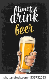 Male hand holding a beer glass. Vector flat color illustration for web, poster, invitation to party. Isolated on dark vintage background
