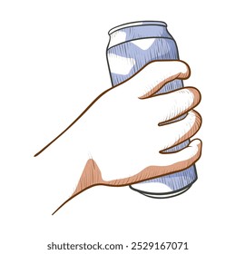 La mano masculina que sostiene el tarro de cerveza puede beber la ilustración plana contorneada grabada del Vector. Brazo humano con bebida de alcohol de cerveza artesanal refresco de cerveza fría refresco de malta soda botella gaseosa contenedor