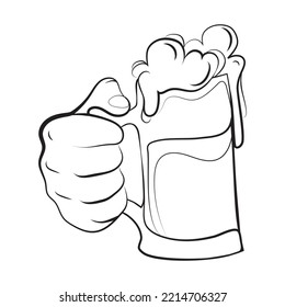 Männliche Hand, die einen Bierkrug mit dem Symbol der Schaumlinie hält, Logo-Vorlage Design Vektorgrafik.Glas Bier in der Hand schwarz weißen Skizze, Silhouette für Web, Poster, Einladung zu Bierparty Zeit zu trinken.