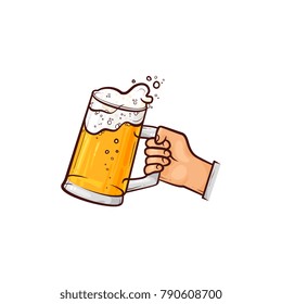 Male hand holding big glass mug of light beer, hand-drawn, sketch style vector illustration isolated on white background. Hand drawing of male hand holding big mug of light beer, ale, cider