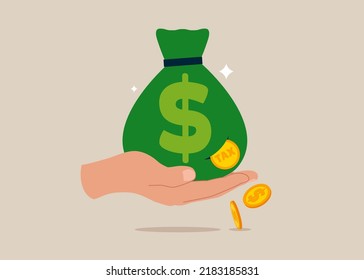 Male hand holding big money bag of revenue been spotted with dollar coin loss with the word tax. Tax payment or losing money without tax planning.