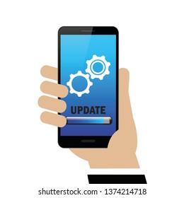 male hand is holding a black smartphone with update and gears on display isolated on white background vector illustration EPS10