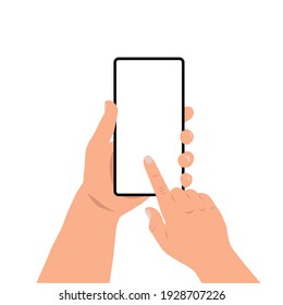 Male Hand Holding Black Smartphone, Touching Blank Screen. Using Mobile Smartphone. Vector.