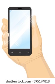 male hand holding a black vertical smartphone