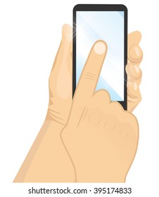 male hand holding a black vertical smartphone touching blue screen with his finger