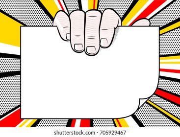 Male hand holding a blank sheet of paper on bright colorful background in pop art style