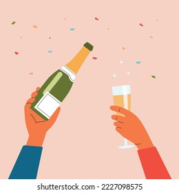 Male hand holding bottle of champagne. Female hand holding glasse champagne. Flat style cartoon vector illustration. 