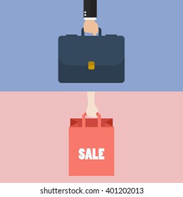 Male hand holding briefcase and female hold shopping bag. vector illustration