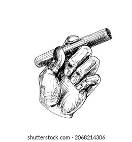 Male hand holding burning cigar. Vintage vector hatching black hand drawn illustration isolated on white background