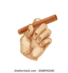 Mano masculina sosteniendo cigarros quemados. Vintage vectorial color de la imagen dibujada a mano aislado en fondo blanco