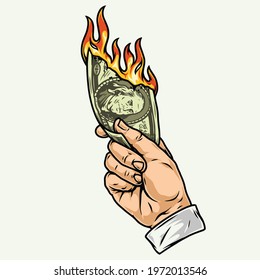 Male hand holding burning dollar banknote in vintage style isolated vector illustration