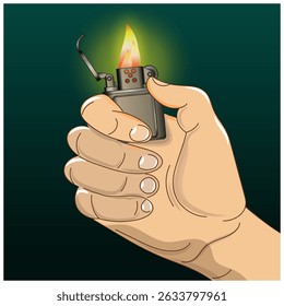 Male hand holding burning gasoline lighter illuminating dark space. Vector illustration