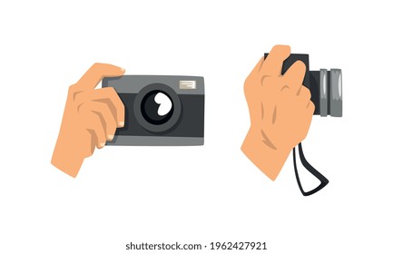 Male Hand Holding Camera and Photographing Set Vector Illustration