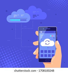 Male hand holding a cell phone with cloud synchronization icon on screen. Upload or download files using smartphone. Cloud data storage, computing concepts. Flat style vector design.