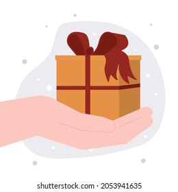 Male hand holding christmas or birthday gift. Cartoon holiday box with ribbon and bow. Present giving and gifting concept. Receive surprise. Isolated on white background. Flat vector illustration