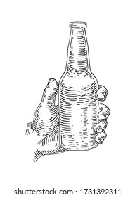 Male hand holding and clinking beer bottle. Vintage vector color illustration for web, poster, invitation to party. Isolated on white background.