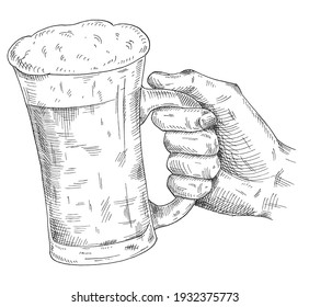 Male hand holding and clinking beer mug. Vintage vector black hatching illustration for web, poster, invitation to party. Isolated on white background.